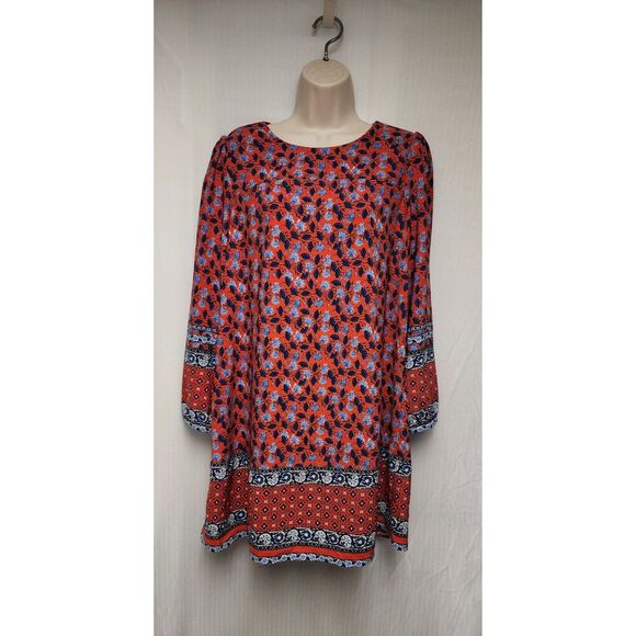 LOFT BORDER FLORAL ROUND NECK BALLOON SLEEVES LENGTH DRESS SIZE MP MULTI RED - Picture 4 of 9